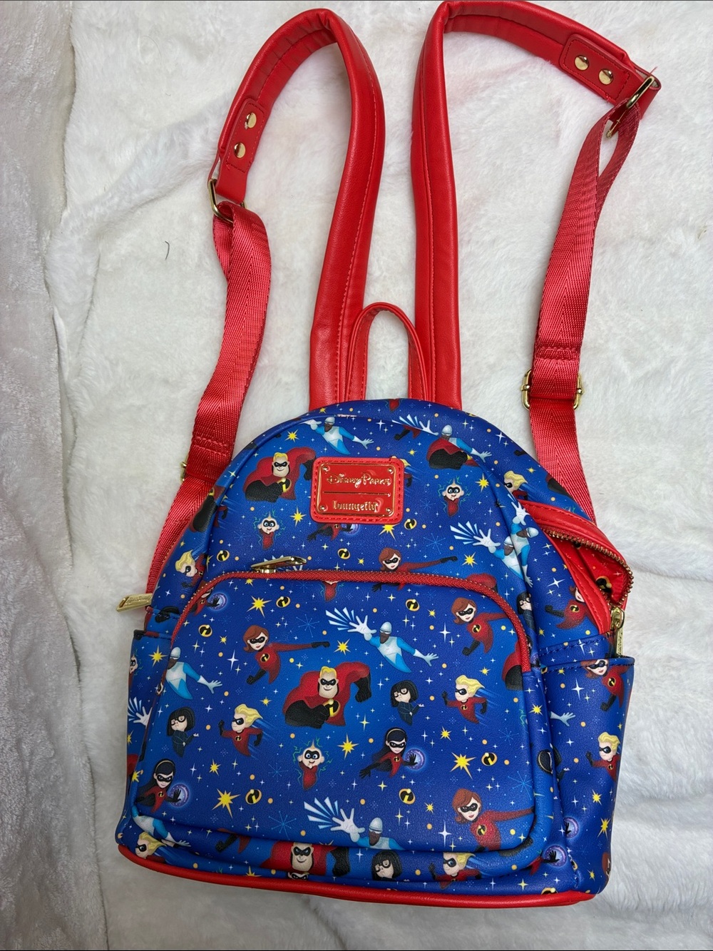 Loungefly Blue Superhero Print Mini Backpack with Red Trim